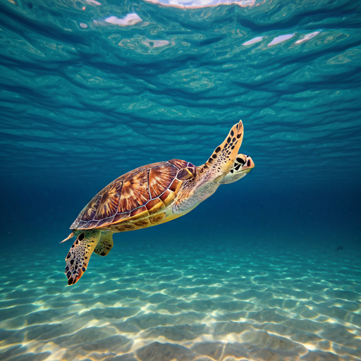 Underwater view of a sea turtle swimming in clear blue ocean water
